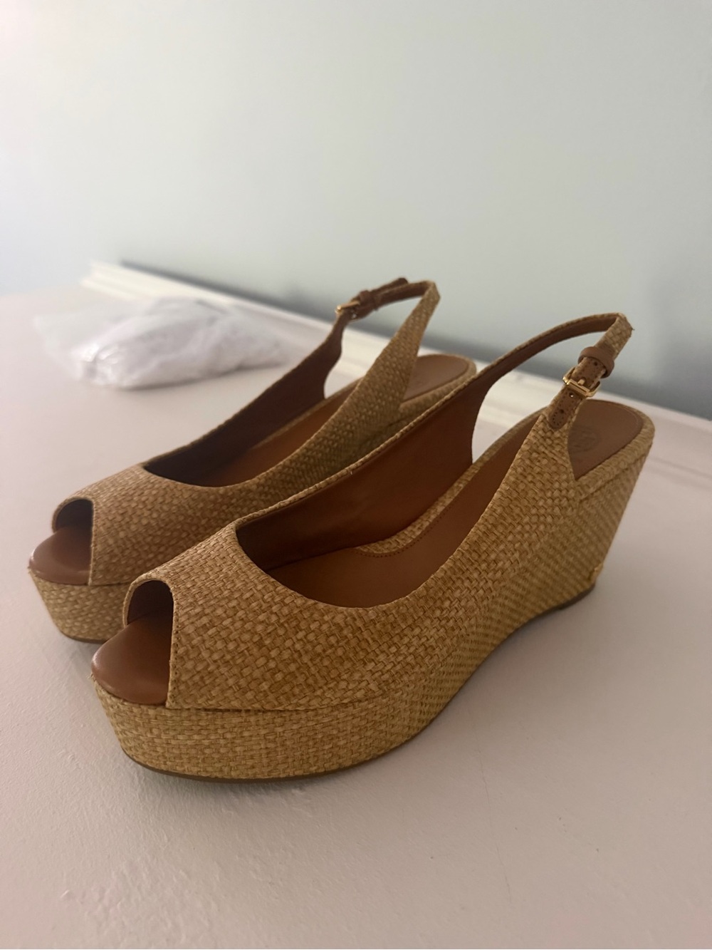 Tory Burch Woven Peep-Toe Slingback Wedge Sandals in Tan